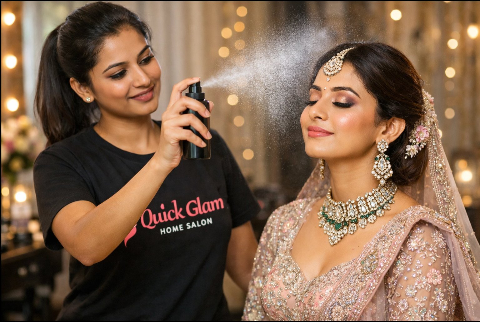 Engagement ceremony makeup at home by QuickGlam beautician