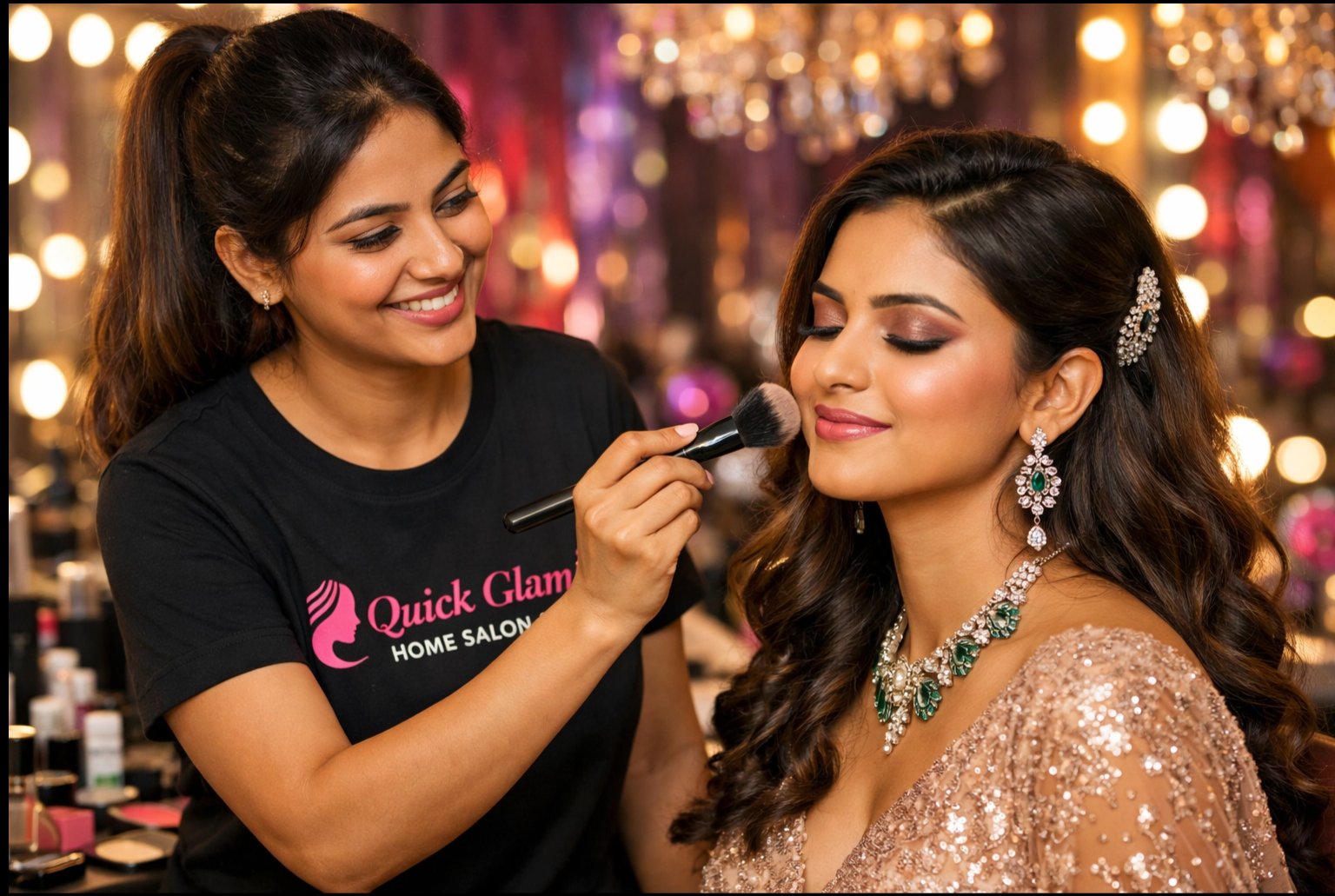 Festive party makeup look created at home by QuickGlam
