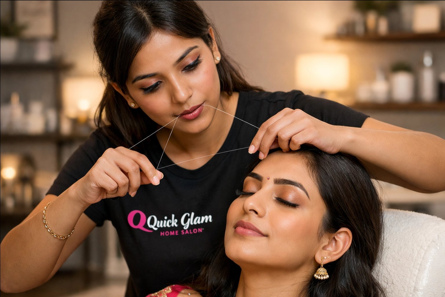 Threading eyebrows at home by QuickGlam beautician